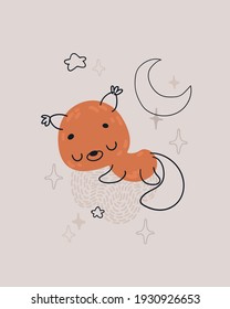 Cute cartoon sleeping squirrel on a cloud. Print for baby posters, cards, clothes. Vector cartoon illustration.