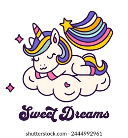 Cute Cartoon Sleeping Unicorn Card Poster Isolated On A White Unicorn Rainbow Kids Animal Vector. Sweet dreams