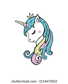 Cute cartoon sleeping unicorn with a crown. Childrens illustration