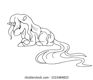 Cute cartoon sleeping unicorn. Isolated object on white background. White and black vector illustrations for coloring book.