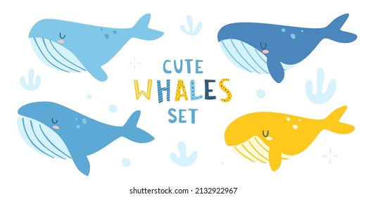 Cute cartoon sleeping whales set. Abstract vector whale baby collection. Calm cachalot bundle.