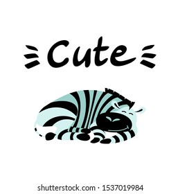 Cute cartoon sleeping zebra with hand written lettering. Nice african animal lying with closed eyes on white background. Flat vector illustration.