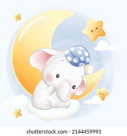 Cute cartoon sleepy baby elephant wearing sleeping cap with small stars