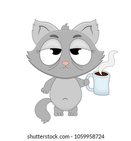 Cute cartoon sleepy cat with a cup of coffee in hands. Vector illustration isolated on white background.