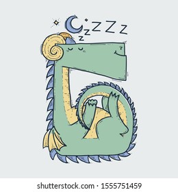 Cute cartoon sleepy dragon at night, doodle childish vector illustration.