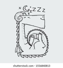 Cute cartoon sleepy dragon at night, doodle childish vector illustration.