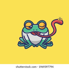 Cute Cartoon Sleepy Frog Catching a fly and eating. 
Animal Cartoon Flat Style Icon illustration Premium Vector Logo