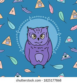cute cartoon sleepy owl on magic blue background seamless pattern, hand drawn editable vector illustration