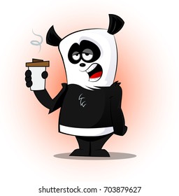 Cute cartoon sleepy panda with cup of coffee. Vector