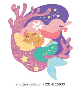 Cute cartoon sleepy pink haired mermaid character. Vector cartoon illustration in flat style isolated on a white background. For print, design, poster, sticker, card, decoration and t shirt design