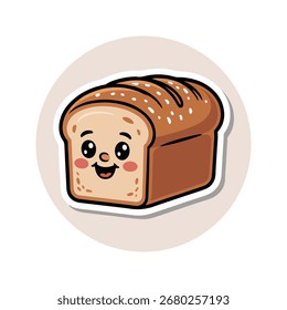 Fatia fofa de desenho animado de pão com um rosto feliz, isolado em um fundo claro.