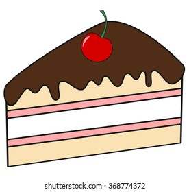cute cartoon slice of cake with chocolate and cherry vector illustration