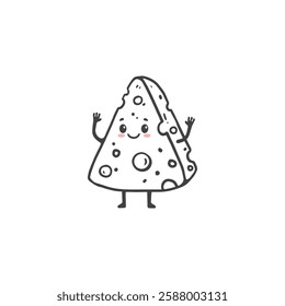Cute cartoon slice of cheese isolated on white. Cheese character  in doodle style. Food Vector illustration