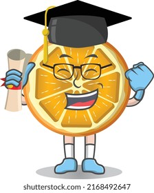 Cute cartoon slice orange student character with Graduation Paper Roll Certification