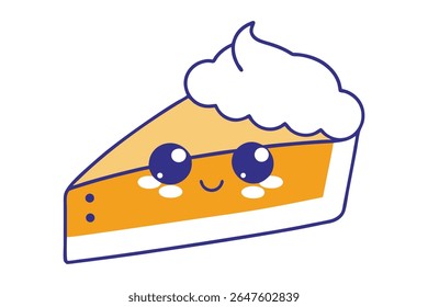A cute cartoon slice of pumpkin pie with whipped cream topping, featuring large blue eyes and a happy smile.