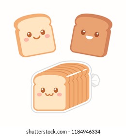 Cute cartoon slices of bread with kawaii faces. White and brown rye toast. Simple flat vector style illustration.