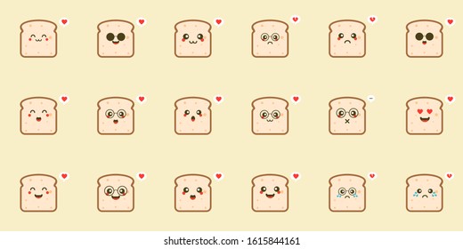 Cute cartoon slices of bread with kawaii faces. White and brown rye toast. Simple character  flat vector style illustration. 