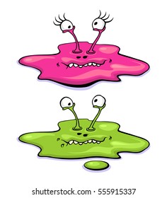 Cute cartoon slime monsters isolated on white background. Alien crazy boy and girl in modern flat style. Vector slime illustration