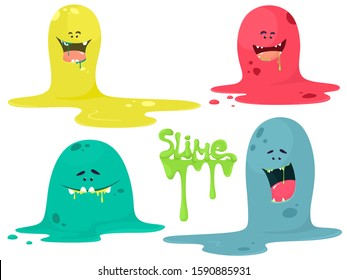 Cute cartoon slime monsters, liquid characters. Vector set on a white background with lettering Slime.