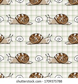 Cute cartoon slimy snail with shell seamless vector pattern. hand drawn slippery slug for yard illustration. Gastropod with shell on check background all over print. Spiral invertebrate tile. 