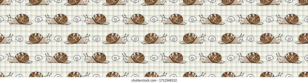 Caricatura de caricatura delgada con el borde del vector sin fisuras. lodo resbaladizo dibujado a mano para ilustración del patio. Gastropod con shell en fondo de cheque en todo el impreso. Baldosa invertebrada espiral. 