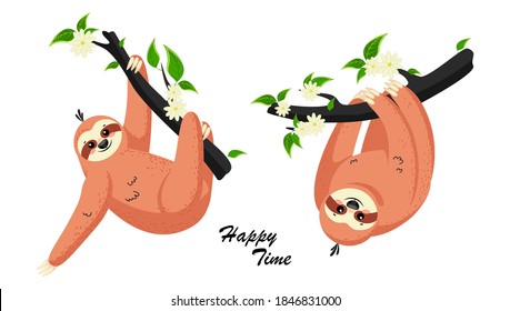 Cute cartoon sloth. Adorable sloth sleepy animal at jungle rainforest different lazy. Vector illustration EPS10