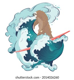 Cute cartoon sloth bear surfing waves on a surfboard.