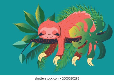 Cute cartoon sloth bear with tropical leaves illustration.