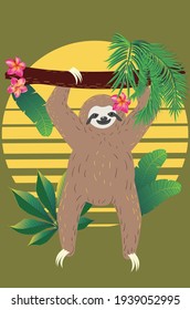 Cute cartoon sloth bear in a yoga pose with a tropical leaves illustration.