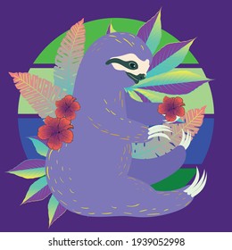 Cute cartoon sloth bear in a yoga pose with a tropical leaves illustration.
