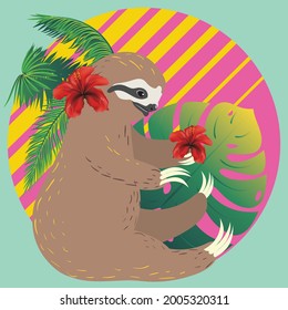 Cute cartoon sloth bear in a yoga pose with a tropical leaves illustration.