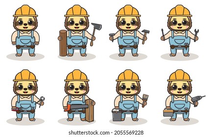 Cute cartoon of Sloth being a handyman. Character animal. Cartoon style Handyman with the tools. Children's illustration.