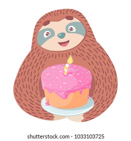 cute cartoon sloth with birthday cake on a plate. birthday or greeting card design with animals