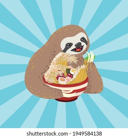 Cute cartoon sloth with a bowl of ramen illustration.