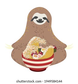 Cute cartoon sloth with a bowl of ramen illustration.