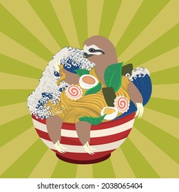 Cute cartoon sloth with a bowl of ramen illustration.