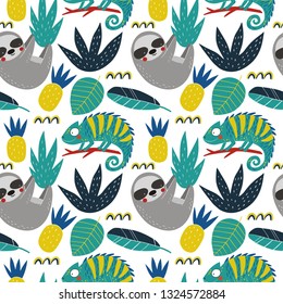 Cute Cartoon sloth and chameleon . Sloth character vector print.  Sloth and leaves vector illustration. Seamless pattern