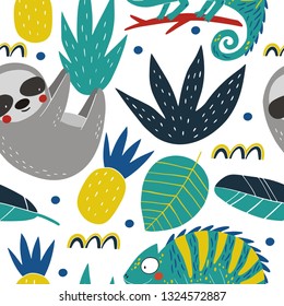 Cute Cartoon sloth and chameleon . Sloth character vector print.  Sloth and leaves vector illustration. Seamless pattern