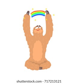 Cute cartoon sloth character holding rainbow, funny tropical animal vector Illustration