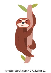Cute cartoon sloth character on tree. Icon for web Vector Illustration isolated on white background