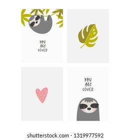 Cute Cartoon sloth. Sloth character vector print.  Sloth and leaves vector illustration