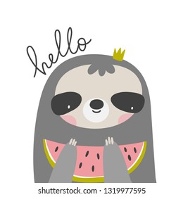 Cute Cartoon sloth. Sloth character vector print.  Sloth and leaves vector illustration