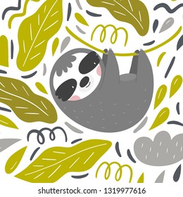 Cute Cartoon sloth. Sloth character vector print.  Sloth and leaves vector illustration