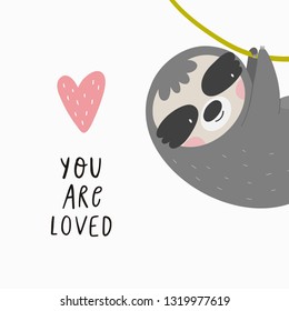 Cute Cartoon sloth. Sloth character vector print.  Sloth and leaves vector illustration