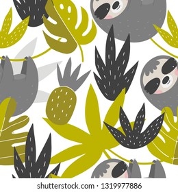 Cute Cartoon sloth. Sloth character vector print.  Sloth and leaves vector illustration. Seamless pattern