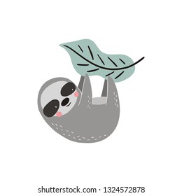 Cute Cartoon sloth. Sloth character vector print.  Sloth and leaves vector illustration