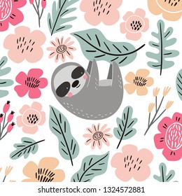 Cute Cartoon sloth. Sloth character vector print.  Sloth and leaves vector illustration