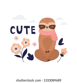 Cute cartoon sloth. Sloth character vector print for  cards, posters, cards, t-shirts, book, textile. Sloth and flowers vector illustration.
