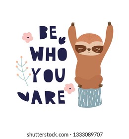 Cute cartoon sloth. Sloth character vector print for  cards, posters, cards, t-shirts, book, textile. Sloth and flowers vector illustration.
