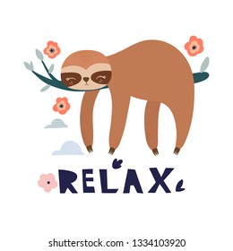 Cute cartoon sloth. Sloth character vector print for  cards, posters, cards, t-shirts, book, textile. Sloth and flowers vector illustration.
